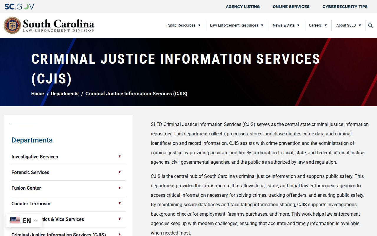 Calhoun County criminal history SLED CJIS repository overview