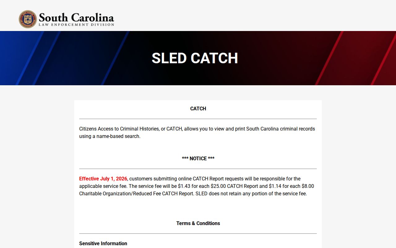 Calhoun County criminal history SLED CATCH portal