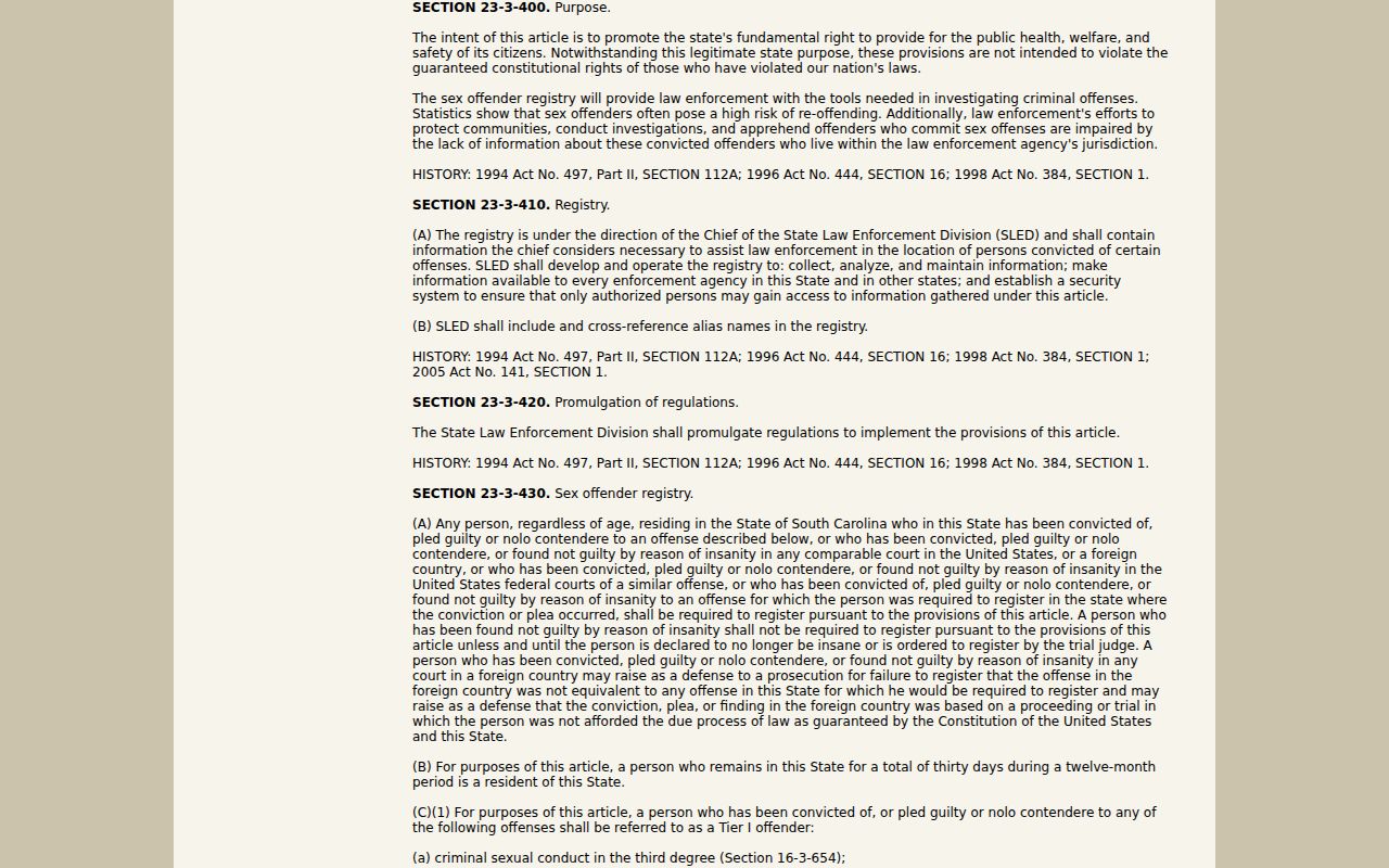 South Carolina disclosure law for Calhoun County sex offender registry profiles